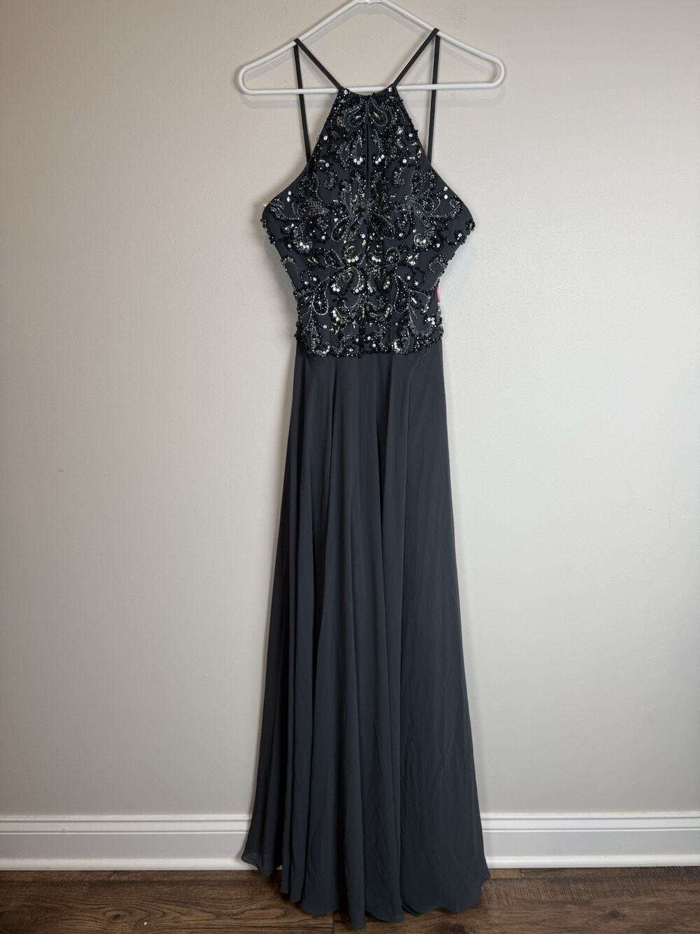 JVN Jovani Charcoal Chiffon High Neck Beaded Sparkle Cutout Long Gown Sz 00 NWT